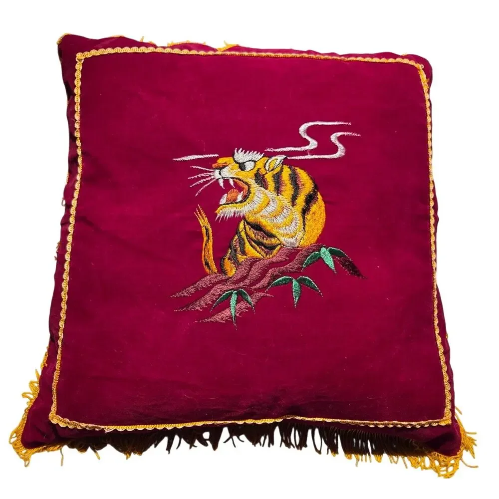 Asian Decor Embroidered Pillow Red Embroidered Tiger Fringe Silk Gold